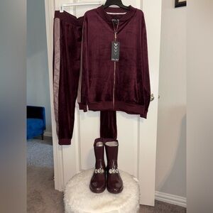 White Mark Velour Jacket in Rich Burgundy with Matching Burgundy Boots
